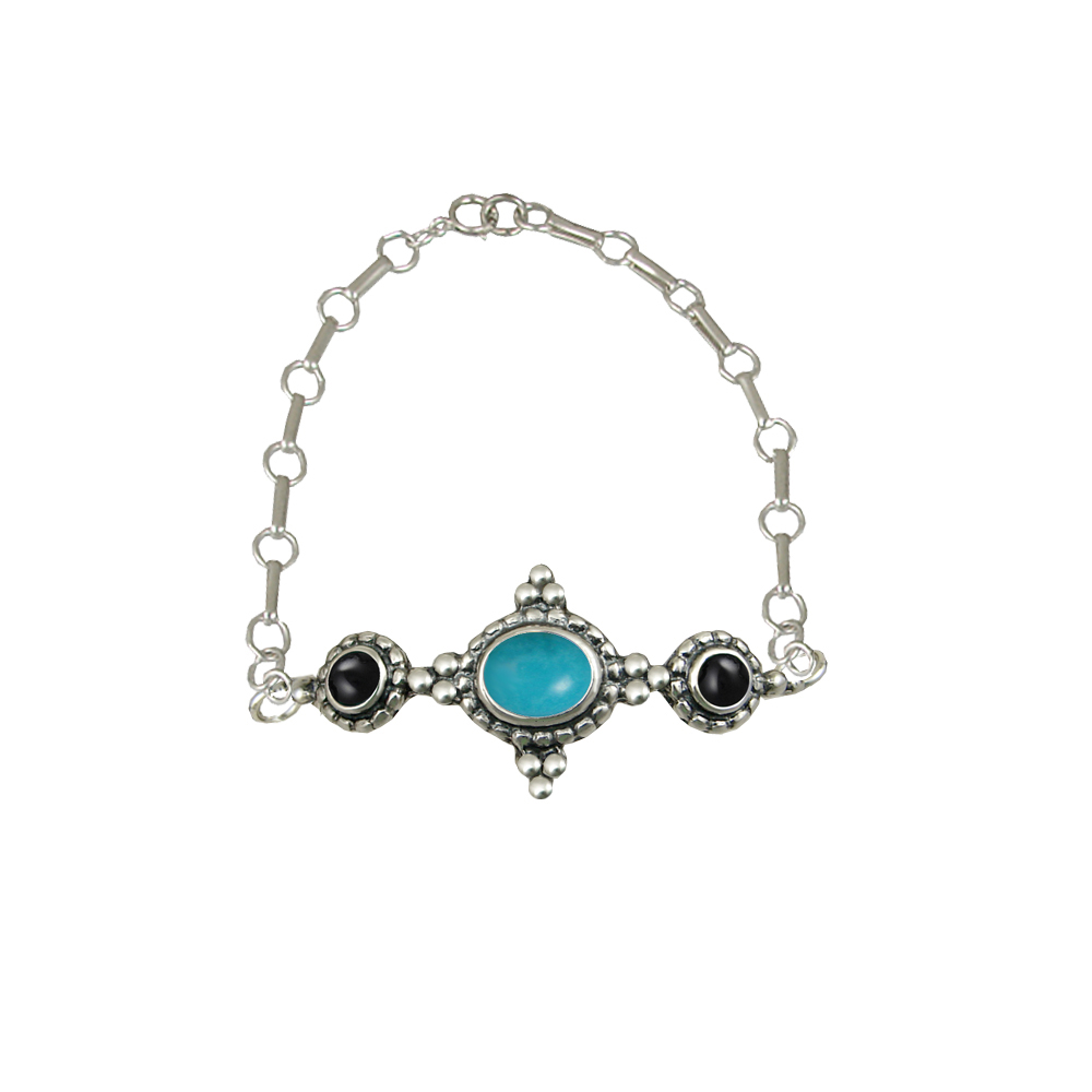 Sterling Silver Gemstone Adjustable Chain Bracelet With Turquoise And Black Onyx